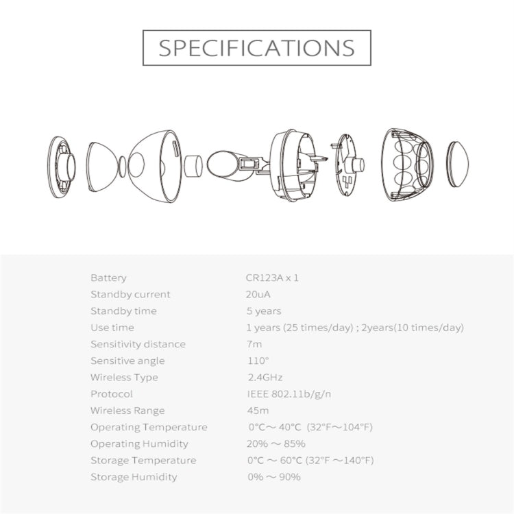 Wireless PIR motion sensor parts diagram with magnet bracket and battery specifications