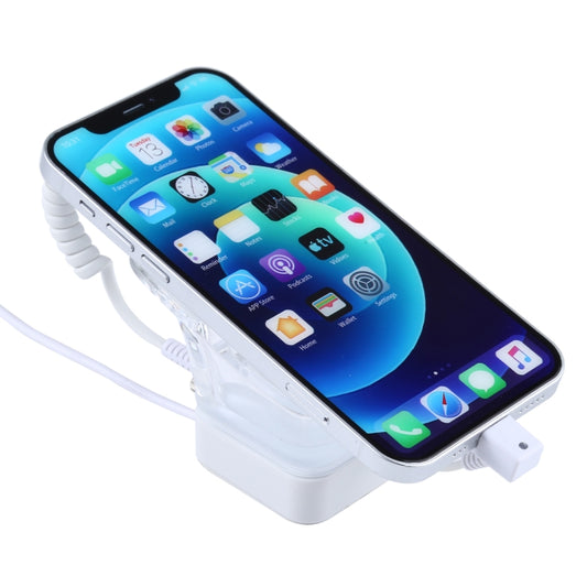 Anti-theft phone security display stand with connected smartphone and white charging cable
