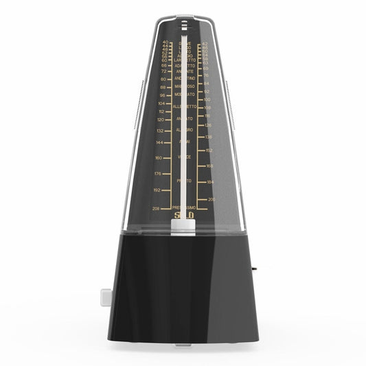 Black mechanical metronome with angled scale and central adjustment weight