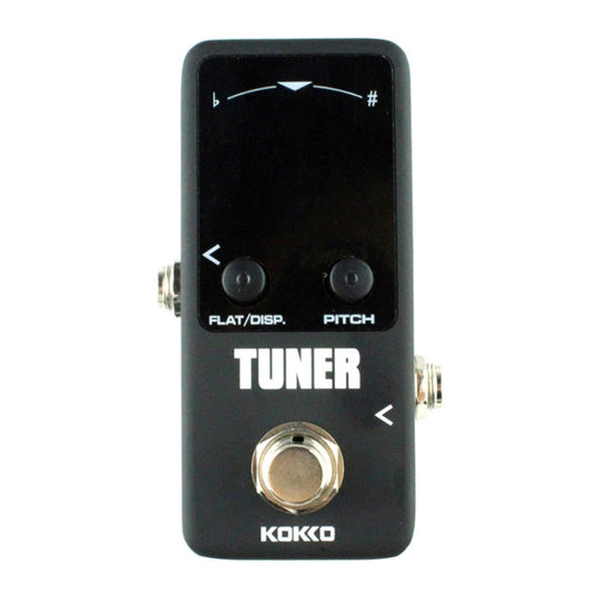 Black guitar tuner effects pedal with screen, round footswitch, and side input jacks