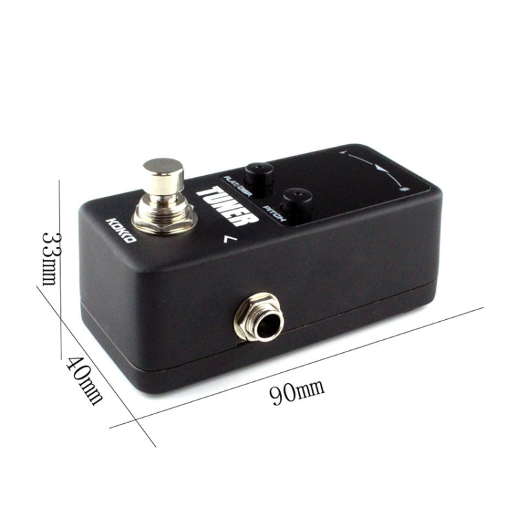 Compact black tuner pedal with dimensions shown: 90mm x 40mm x 33mm