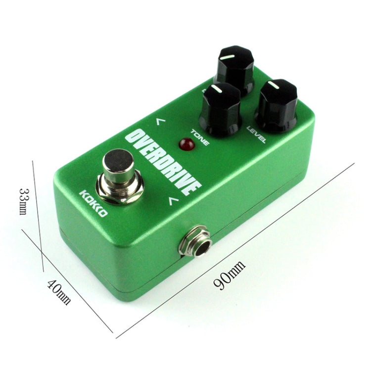 Green KOKKO overdrive pedal with dimensions shown: 90mm x 40mm x 37mm