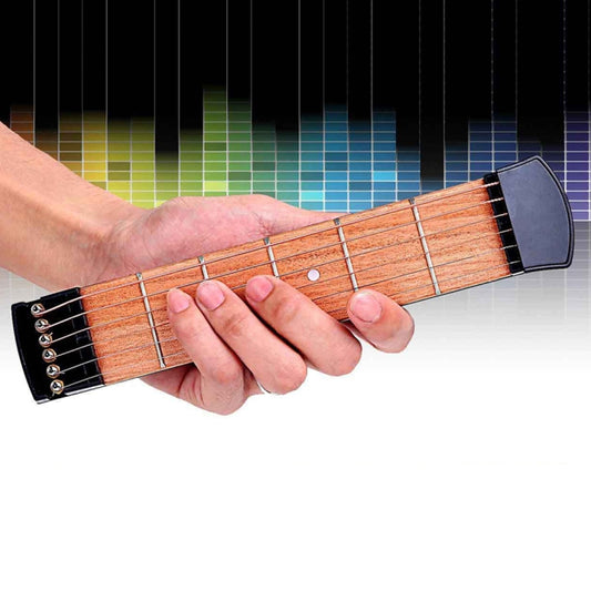 Pocket guitar practice tool with 6 frets, wooden fretboard, and black end cap