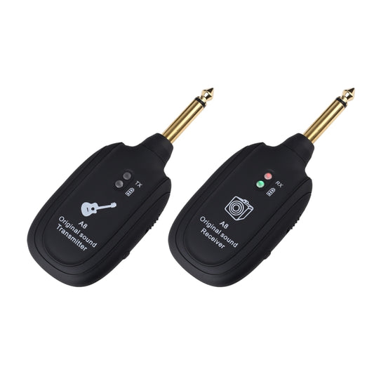 Pair of black wireless guitar sound pickup transmitter and receiver with gold plugs