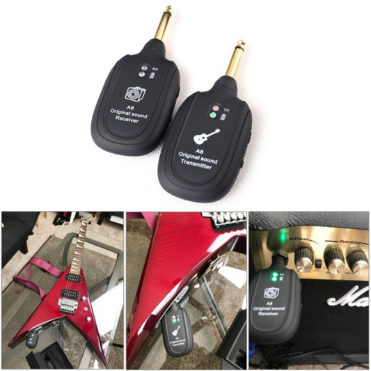 Wireless guitar sound pickup transmitter and receiver with gold 1/4 in plugs