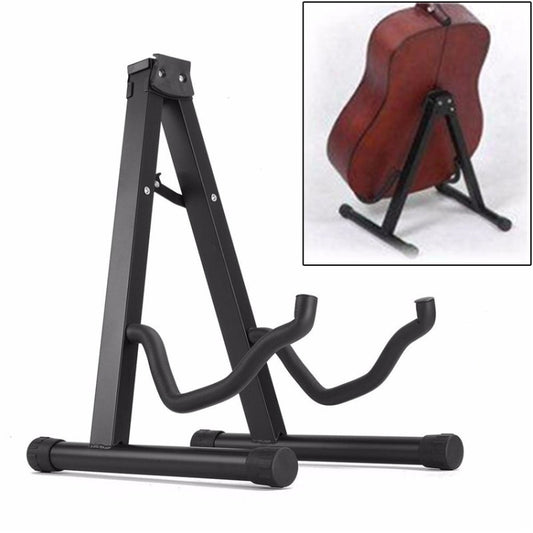 Foldable black metal guitar stand with two padded arms for vertical instrument support
