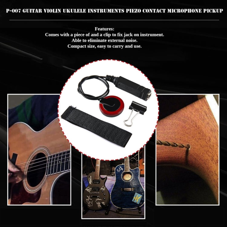 Piezo contact pickup kit with red sensor disk, black cable, clip and mounting strip