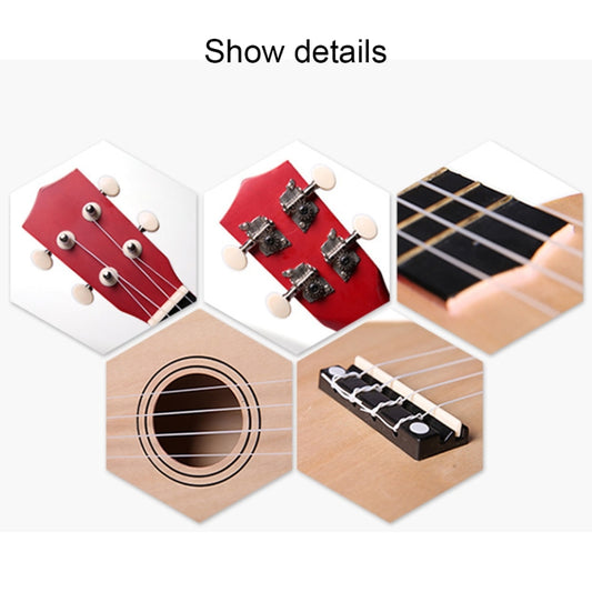 Red children's ukulele tuning pegs, bridge, strings, and fretboard detail close-ups.
