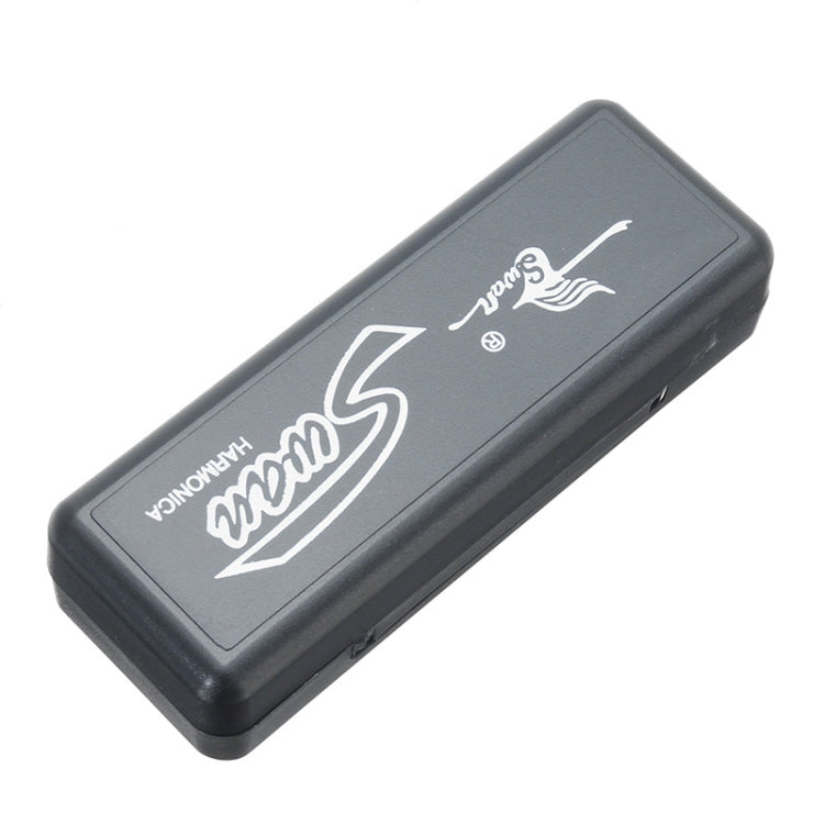 Swan harmonica case with white 6-harmonica logo on dark gray lid