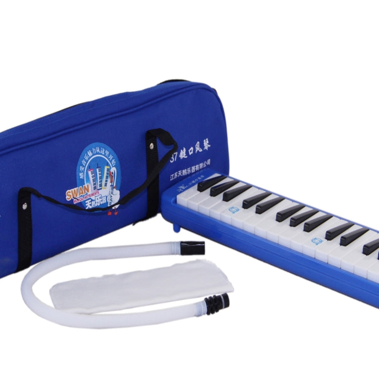 Blue melodica with case and mouthpiece tubes, keyboard angled for play view