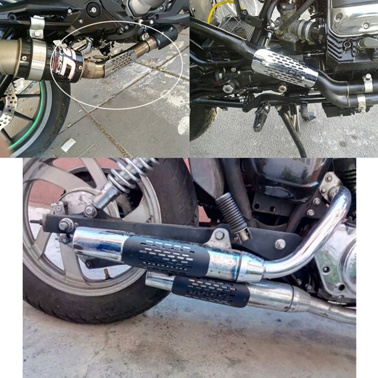 Installed motorcycle exhaust heat shield on silver exhaust pipe with band clamp