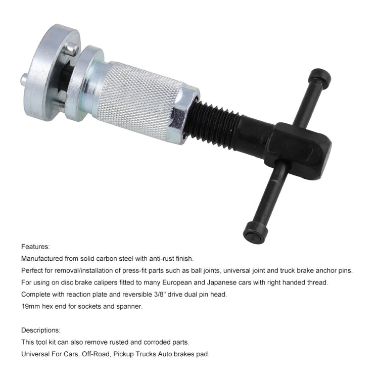 Brake caliper piston adjustment tool with silver cylinder, black threaded rod and lever