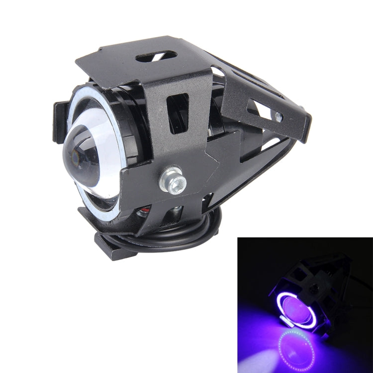 Black waterproof LED headlamp with blue/purple angel-eye ring light and projector lens
