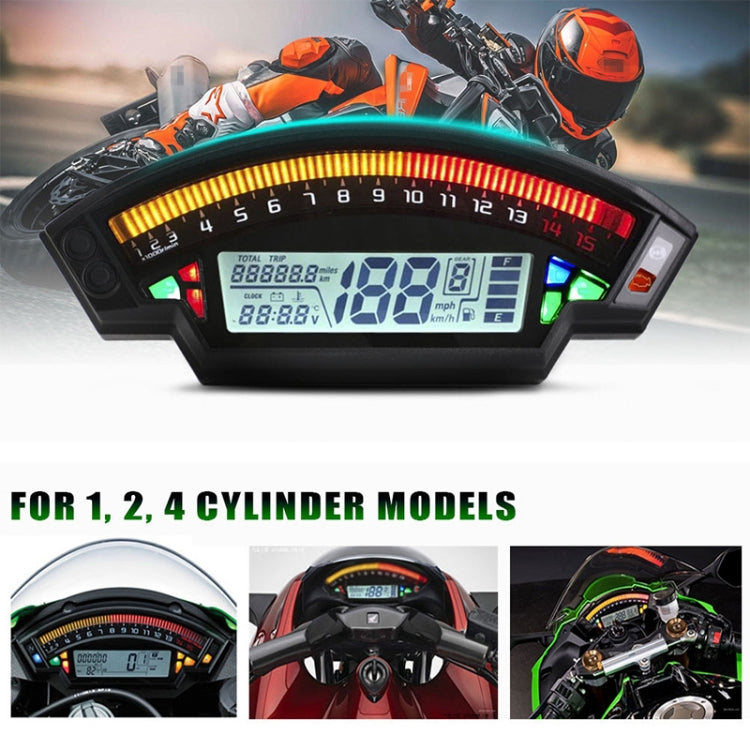 Motorcycle TFT speedometer with bright multicolor backlight and digital readouts, black housing