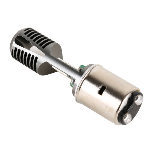 BA20D style 2 LED motorcycle headlight bulb with ribbed metal housing and pins