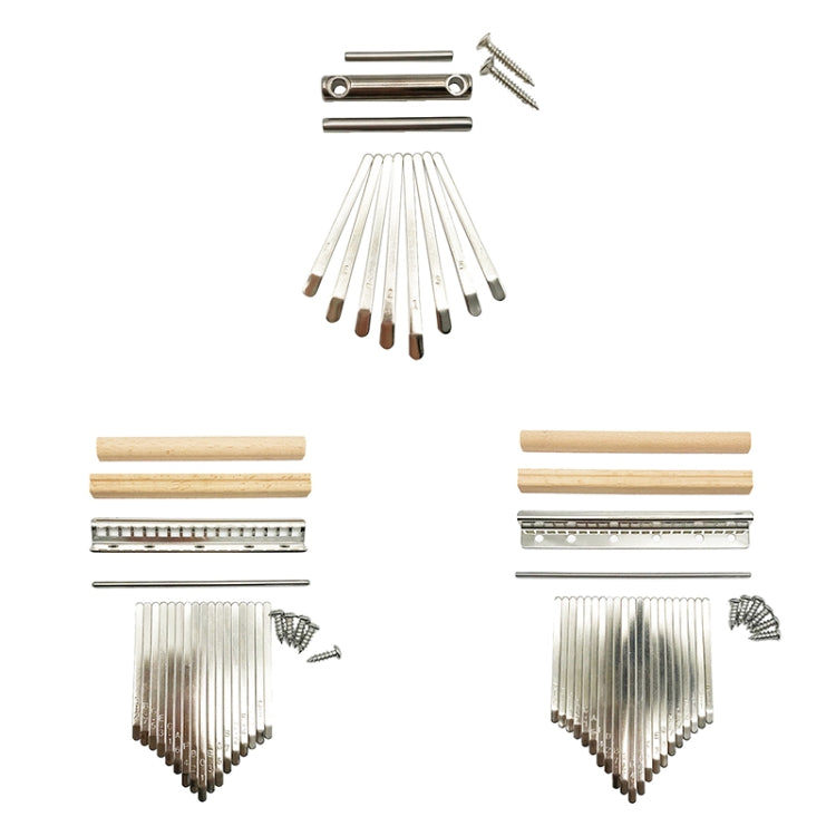 Kalimba accessory parts kit: wooden spacers, metal bars, 17 tines, and screws