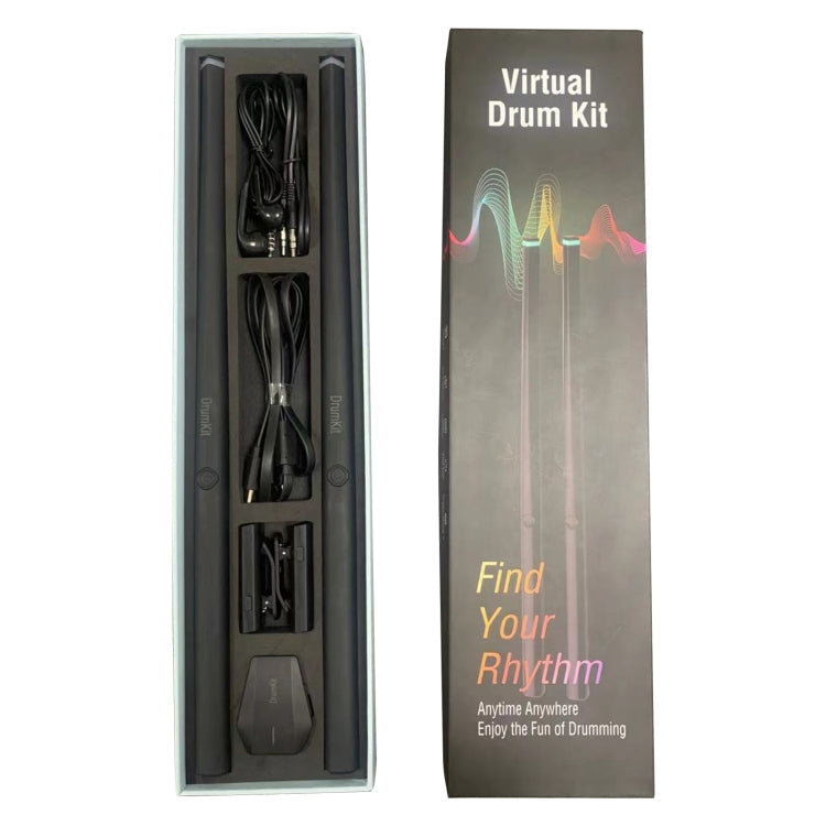 Virtual drum kit retail box with bundled sensor sticks, cables, and controller pad
