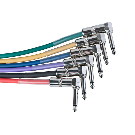 35 cm instrument effect cable close-up with silver plug ends on colored leads