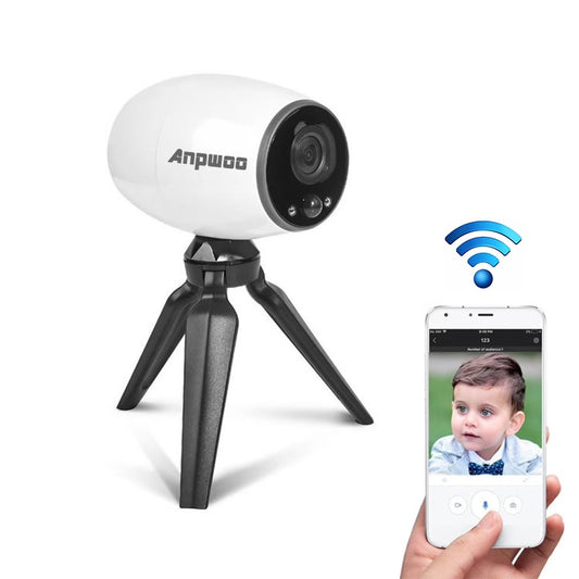 Anpwoo white WiFi IP security camera on black tripod stand with front lens window