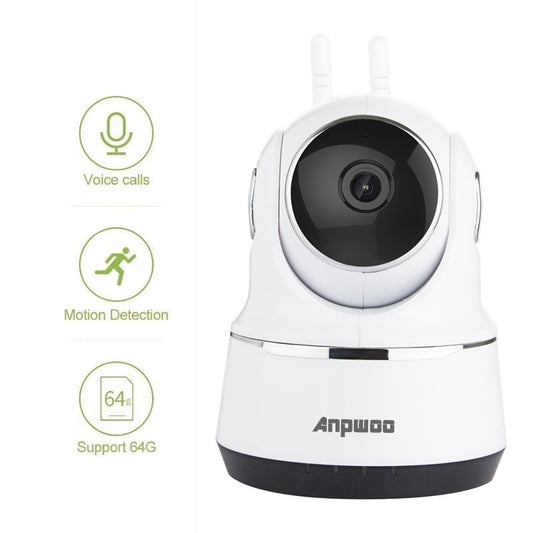 White dome security camera with dual antennas and wide lens, with feature icons.