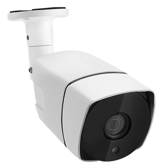 White PoE security bullet camera with black lens window and side mount