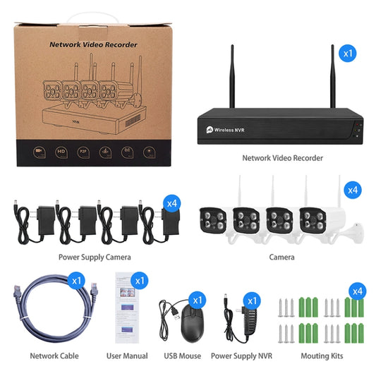 Wireless camera set contents: NVR, four cameras, cables, mount kits, and power supply