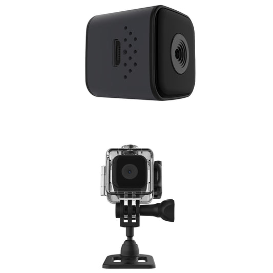 Black mini smart camera with front lens, side speaker holes, and rear port