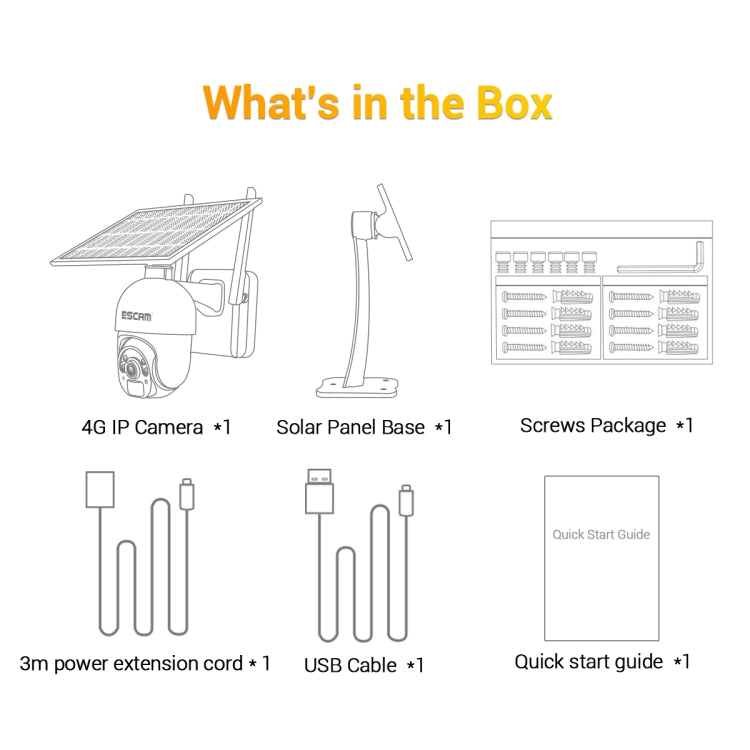 Box contents for solar powered IP camera: camera, solar base, screws, cables, and quick guide