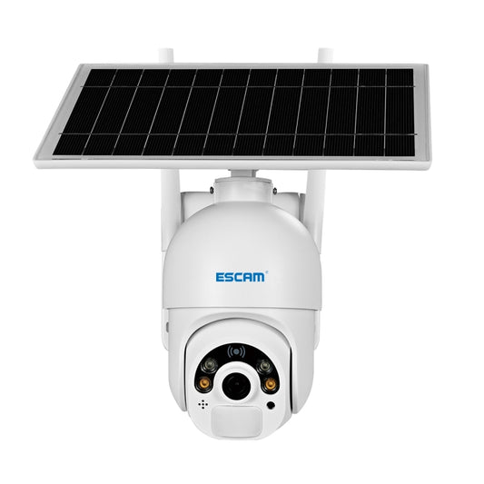 ESCAM outdoor solar security camera with black solar panel and white dome housing