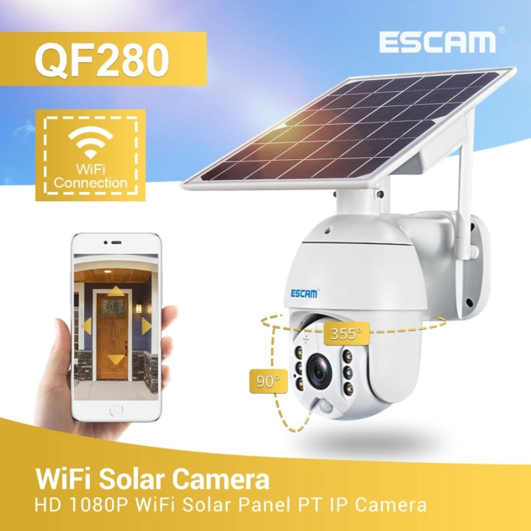 Solar WiFi camera with solar panel, app connection shown on smartphone