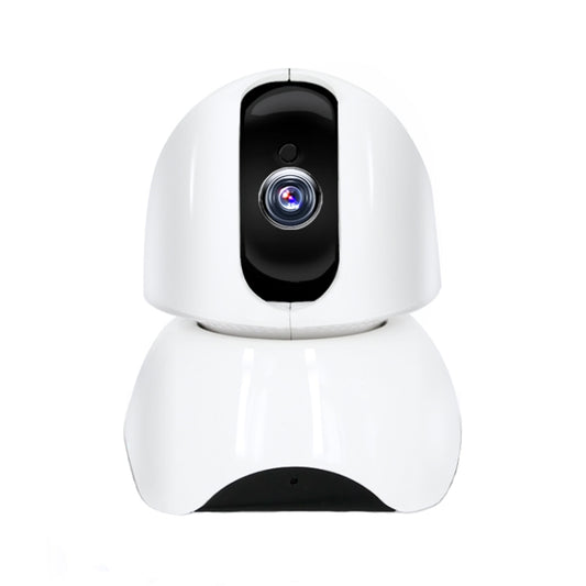 White indoor security camera with black lens module and visible wide-angle lens