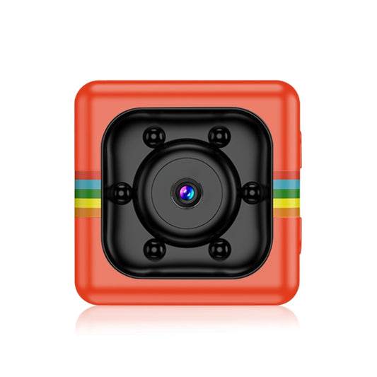 Red mini DV sport recorder camera, square front with lens and rainbow side stripe