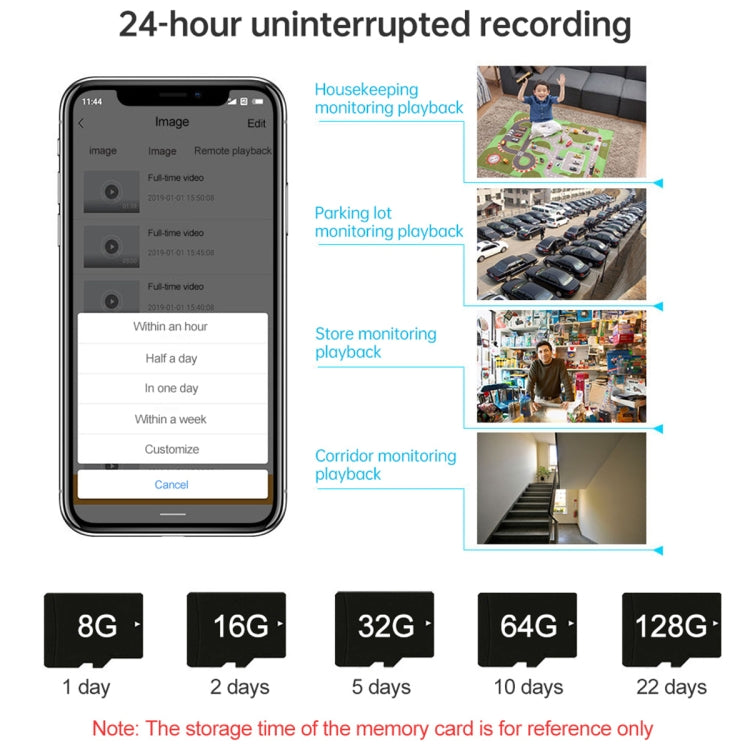 Smartphone app screen showing security camera playback and storage capacity options