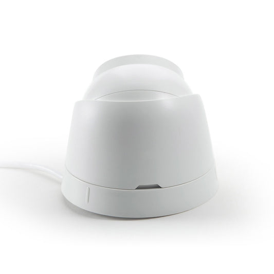 White dome IP security camera front view with central black lens