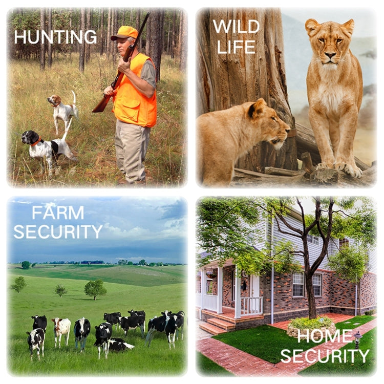 Outdoor security camera use collage with hunting, wildlife, farm, and home scenes.