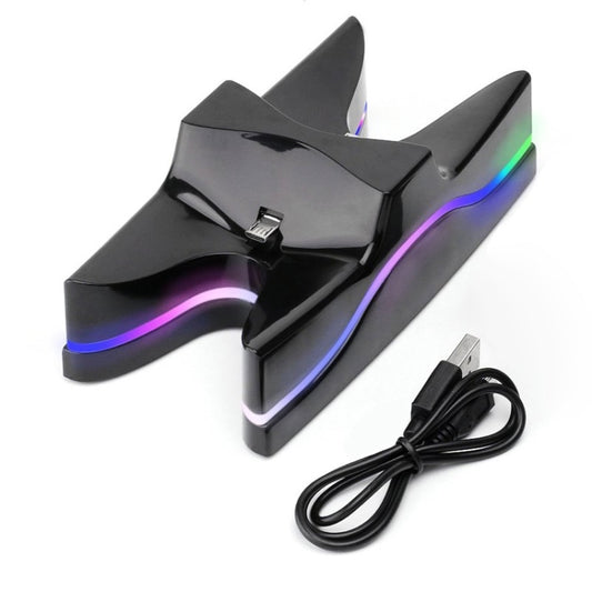 Black UFO-style dual USB controller charging dock with multicolor LED light strip