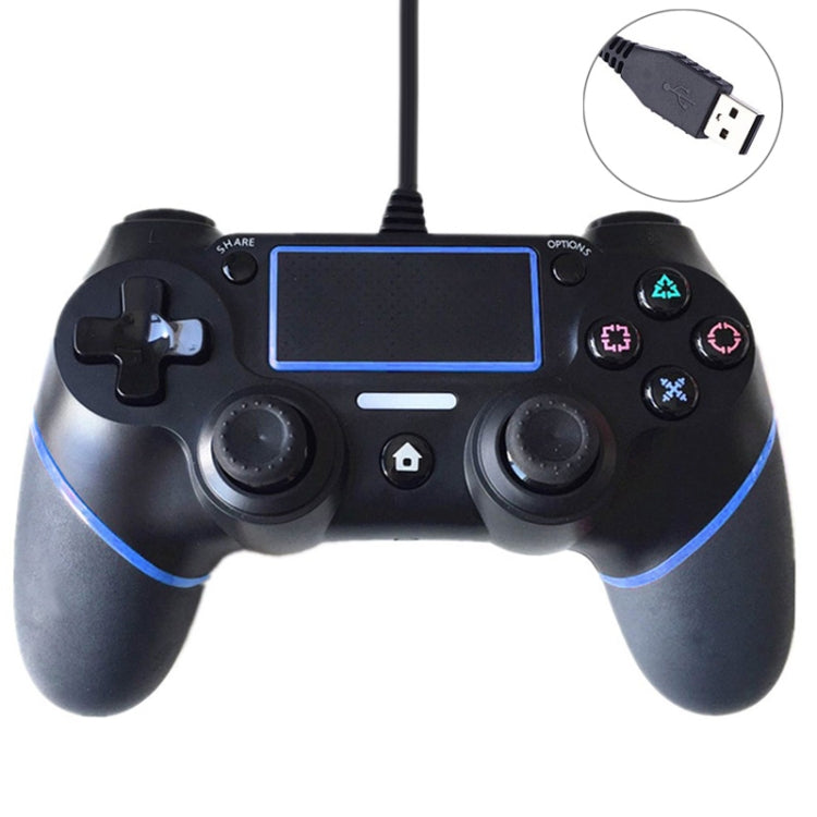 Wired PS4 game controller, black with blue trim, dual thumbsticks and colored buttons