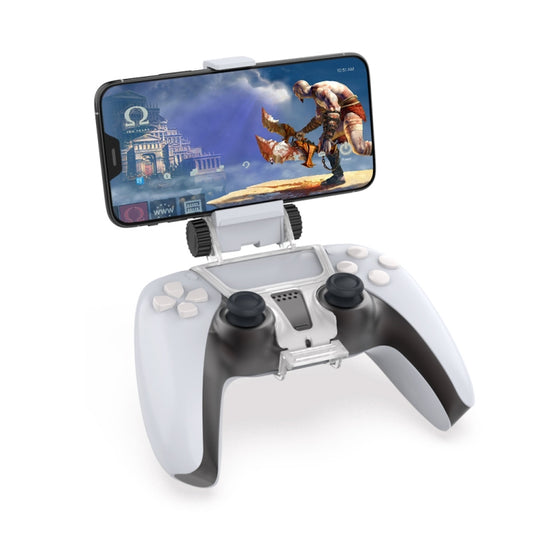 Game controller phone mount with clamp, holding a smartphone above the controller