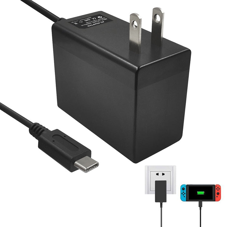 Black AC adapter charger with US two-pin plug and USB-C cable, close-up