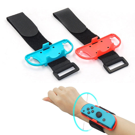 Pair of adjustable controller wrist bands with black elastic straps, blue and red holders