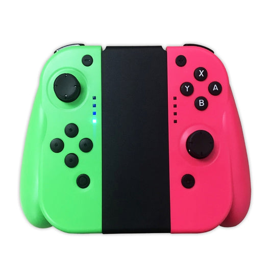 Wireless Joy-Con game controller, green left and pink right halves with thumbsticks and buttons