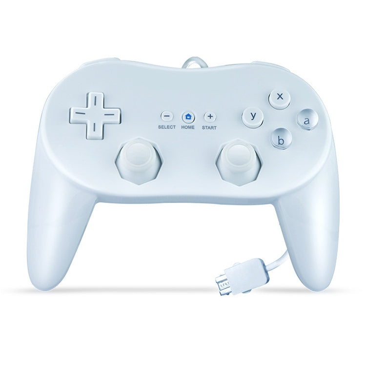 White wired Wii game controller with cross D-pad, twin sticks, and face buttons
