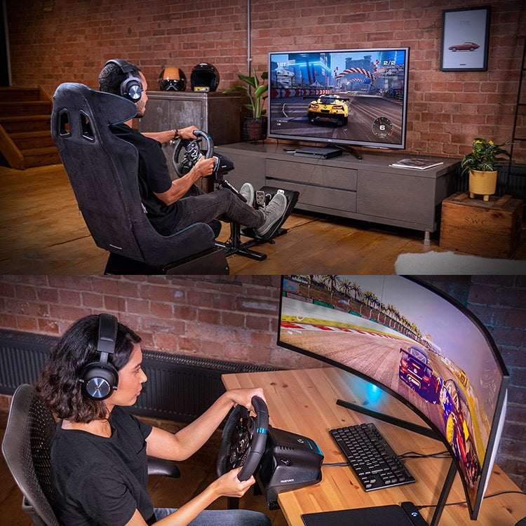 Gaming racing wheel and pedals set in use with a steering setup, black