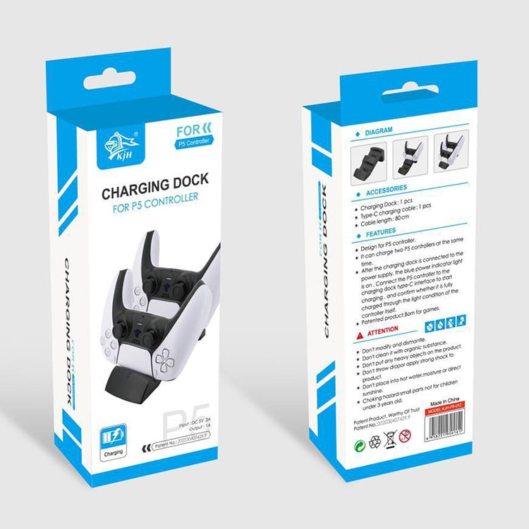 Product box for PS5 controller charging dock, showing dock accessories and diagram