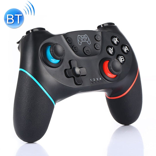 Black wireless game controller with blue and red thumbsticks and ABXY face buttons