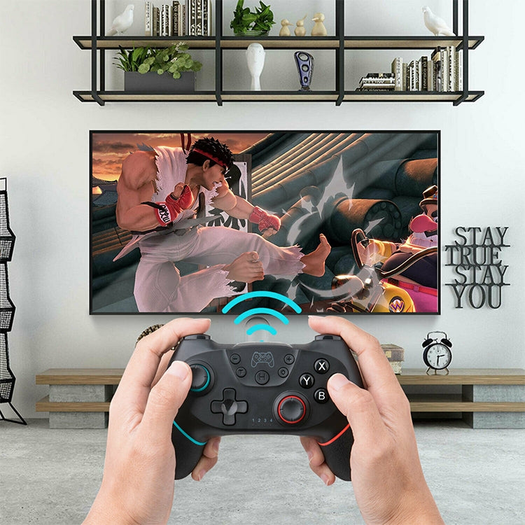 Black wireless game controller in hands with D-pad, ABXY buttons, and thumbsticks