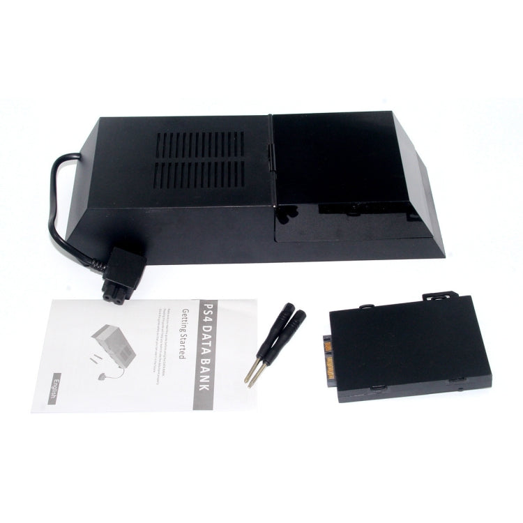 Black external SATA hard drive enclosure with included cables and printed manual