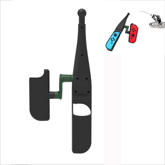 Gaming fishing rod joystick stand with black grip and green mount for Nintendo Switch