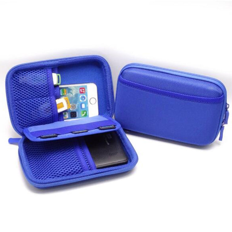 Portable electronics storage bag in blue, open organizer with phone and accessory slots