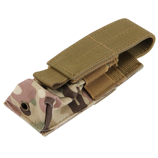 Mini flashlight pouch with tan flap, elastic bands, and circular anchor grommet